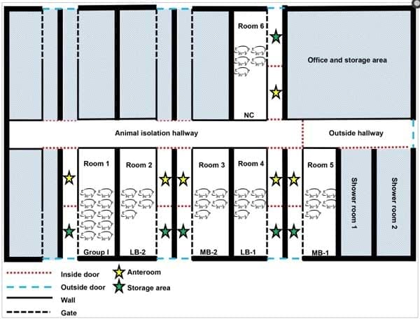 each animal isolation room had an anteroom with footbaths, a