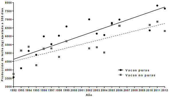 Gráfico comparativo de producción lechera entre vacas puras y no puras.