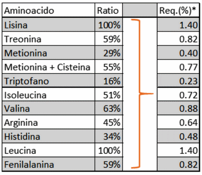 Tabla de requerimientos de aminoácidos digestibles para lechones en preinicio.