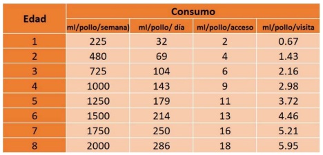 Tabla de consumo de agua en pollos por edad.